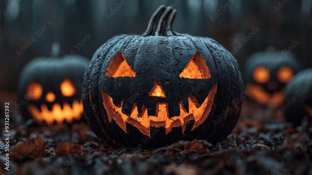 Glowing black jack-o'-lanterns with sinister faces illuminate a dark, eerie forest setting, creating a spooky Halloween atmosphere.