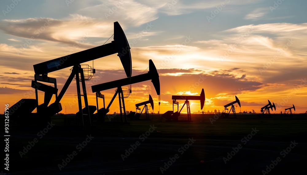 Fototapeta premium Oil pumps silhouetted against a dramatic sunset sky with clouds and vibrant orange and yellow colors