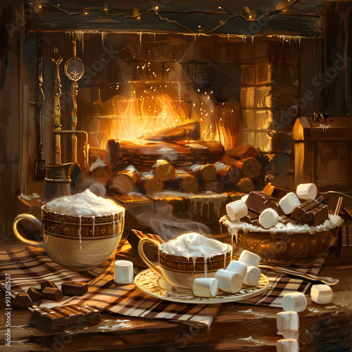 Cozy Winter Cabin Scene with Crackling Fireplace Hot Chocolate and Toasted Marshmallows