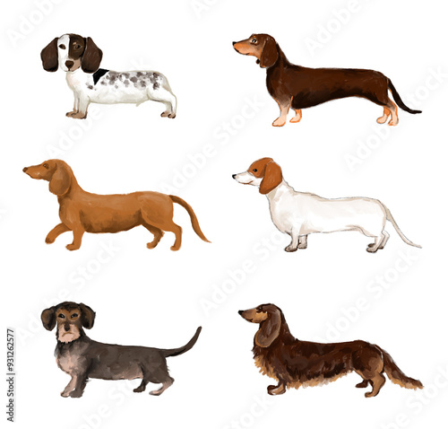 Sticker dachshund dog isolated Hand drawn illustration on a transparent background set o