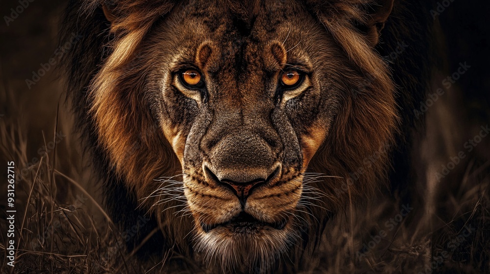 Naklejka premium A powerful lion eyes focused and muscles tense ready to pounce with unwavering confidence