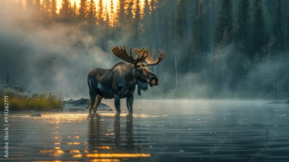 Majestic moose standing in misty lake at dawn, Majestic moose standing in misty lake at dawn,