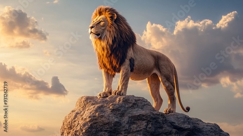 A dominant lion standing on a rock overlooking its territory with a confident and proud stance photo