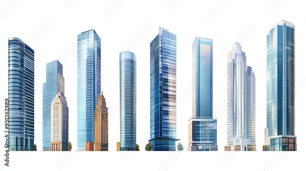 Fototapeta premium Row of modern glass skyscrapers against a white background.