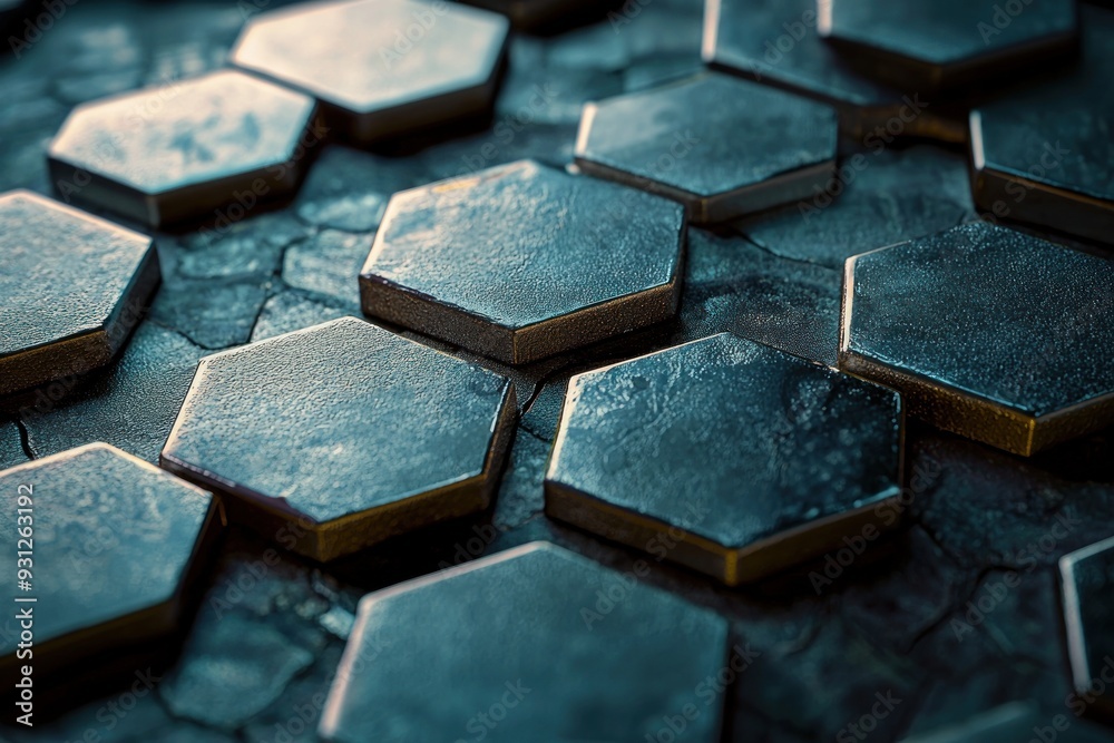A dark blue textured surface with hexagonal patterns and a focus on the depth and texture. with subtle lighting offering a modern and industrial feel A dark blue textured surface with hexagonal patterns and a focus on the depth and texture. with subtle lighting offering a modern and industrial feel