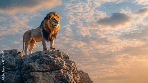 A strong and confident lion standing majestically on a rocky outcrop gazing into the distance with a regal posture