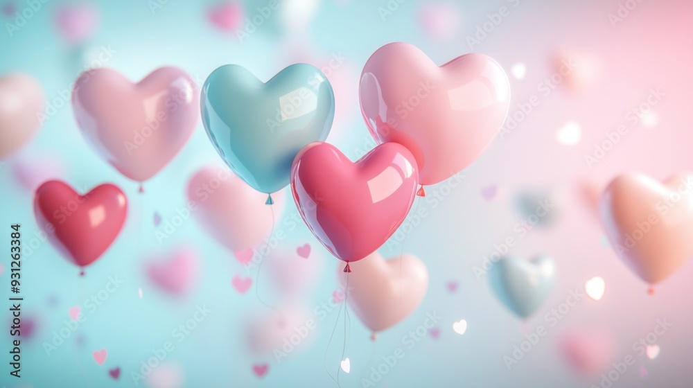 close up of heart sharp balloons flying in the air. Colorful balloons in shape of heart on bokeh background.