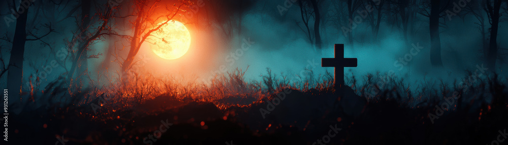 Eerie night scene featuring a silhouette of a cross in a foggy forest with a vibrant full moon illuminating the sky. Eerie night scene featuring a silhouette of a cross in a foggy forest with a vibrant full moon illuminating the sky.