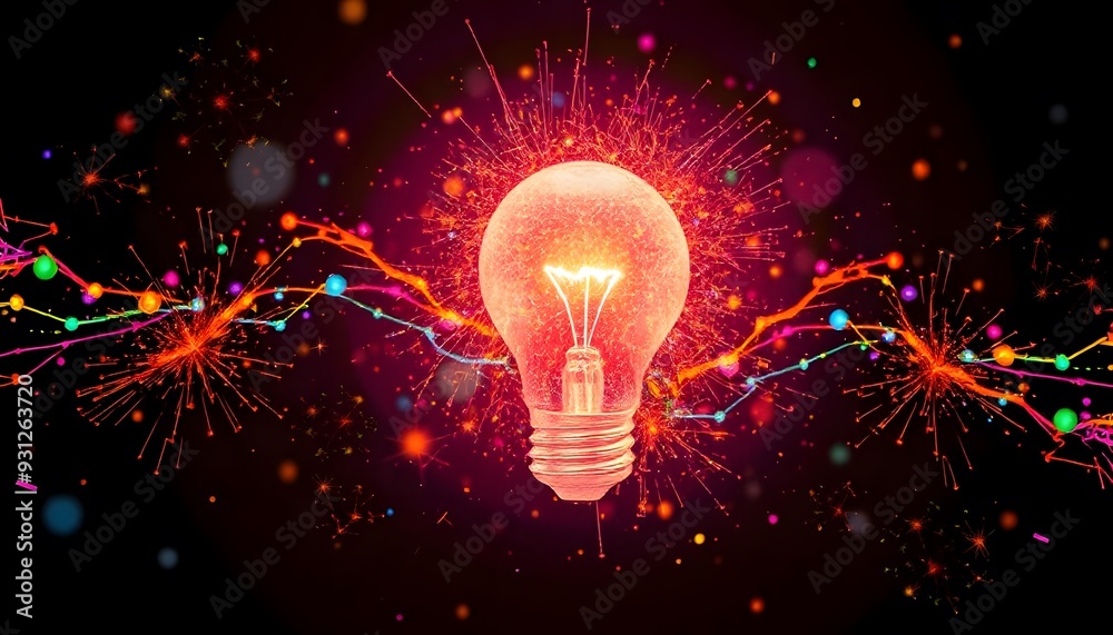 A glowing light bulb with fiery sparks and a dark background with twinkling stars A glowing light bulb with fiery sparks and a dark background with twinkling stars