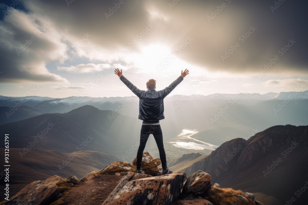 Achieving New Heights: Energetic Man Jumping on Mountain Top in Vibrant Photoillustration Achieving New Heights: Energetic Man Jumping on Mountain Top in Vibrant Photoillustration