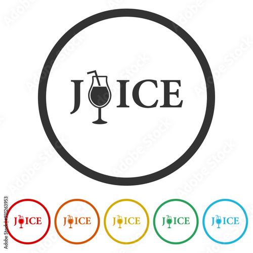  Juice word icon. Set icons in color circle buttons