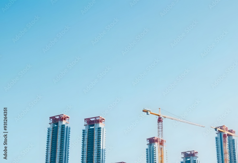 Tall modern skyscrapers with cranes in a city skyline against a blue sky construction concept