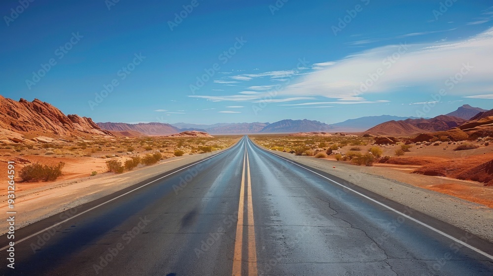 road stretching into the distance through a desert landscape with red rock formations and a clear blue sky. Scenic View of Empty Road Leading Through Desert Landscape. road stretching into the distance through a desert landscape with red rock formations and a clear blue sky. Scenic View of Empty Road Leading Through Desert Landscape.