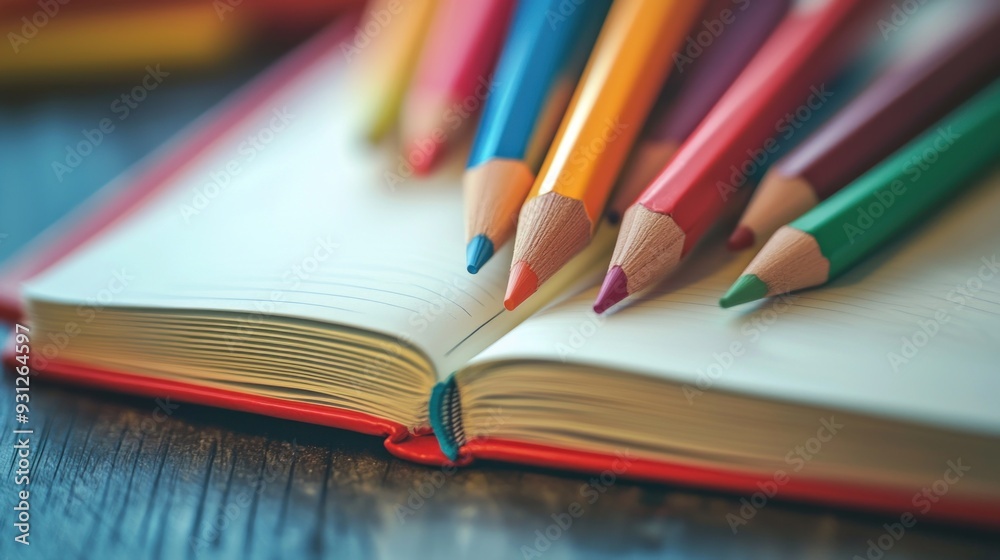 Naklejka premium Colorful Pencils on Open Notebook in Natural Light