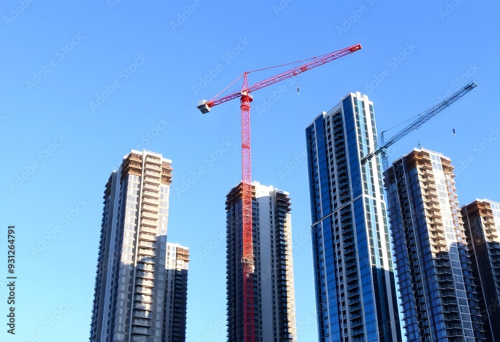 Tall modern skyscrapers with cranes in a city skyline against a blue sky construction concept Tall modern skyscrapers with cranes in a city skyline against a blue sky construction concept