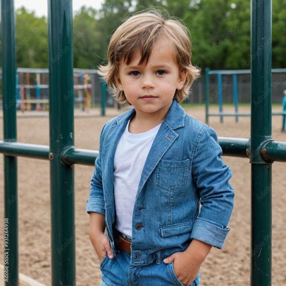 Stunning high resolution photos of 4 year old handsome macho man in stylish clothes near playground fence Stunning high resolution photos of 4 year old handsome macho man in stylish clothes near playground fence