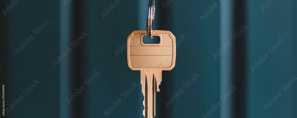 golden key hanging on a blue door, symbolizing security, access, and home ownership. golden key hanging on a blue door, symbolizing security, access, and home ownership.
