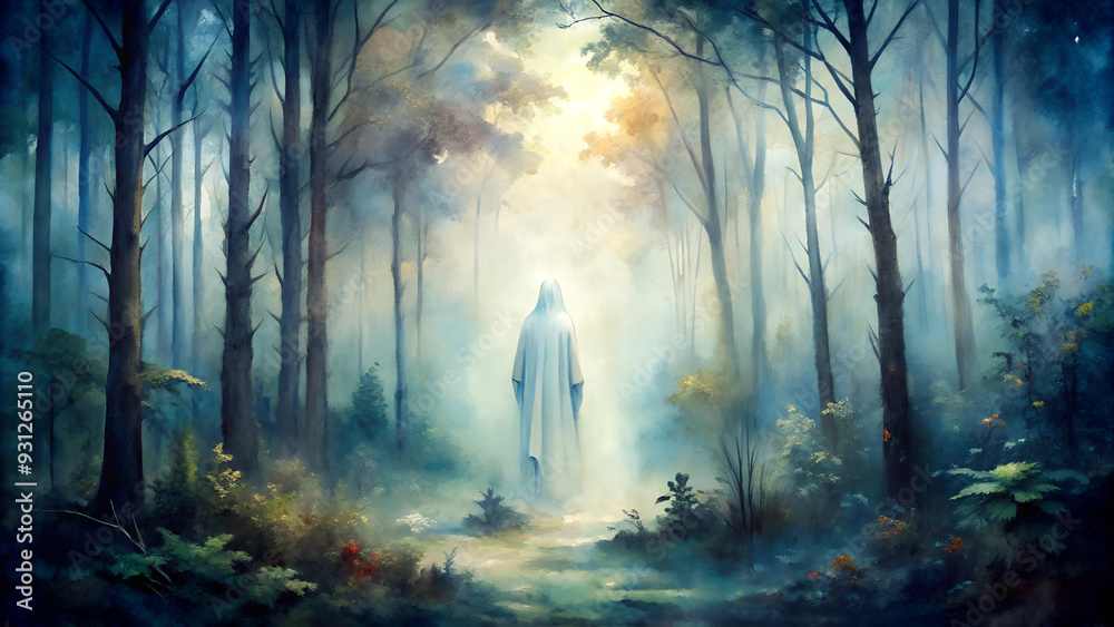 Obraz premium Ghostly Figure in Misty Forest with Enchanting Atmosphere