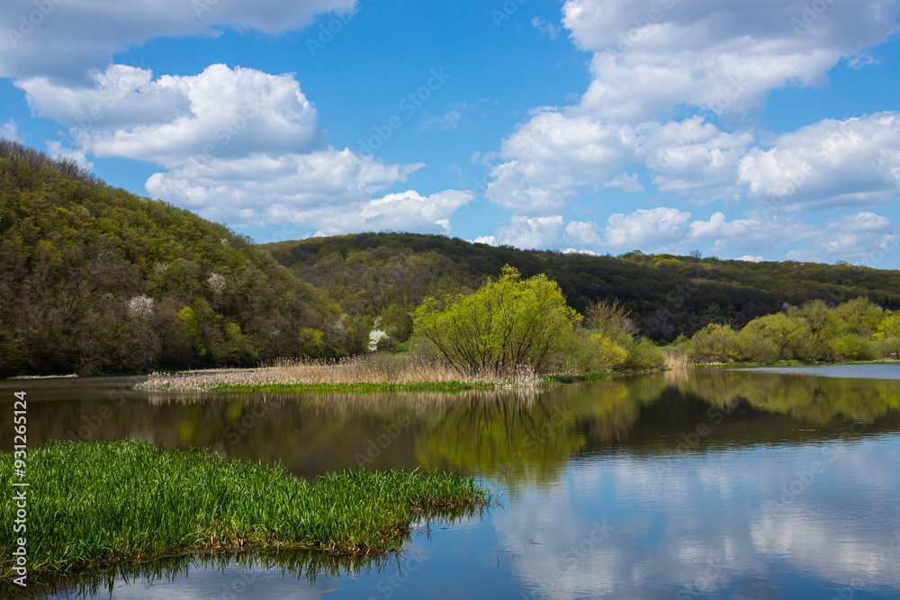 Flowers bloom in spring, blue sky and white clouds are reflected in the lake Flowers bloom in spring, blue sky and white clouds are reflected in the lake