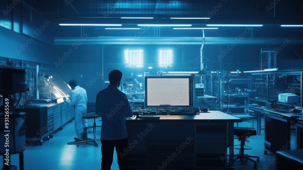 Director, engineer, and foreman overseeing the start-up of a new production line in a high-tech Director, engineer, and foreman overseeing the start-up of a new production line in a high-tech