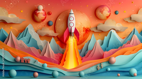 Rocket Encountering Cosmic Beings in Whimsical Paper Art Landscape