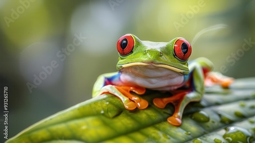 Red-eyed tree frog on tropical leaf, vivid colors,