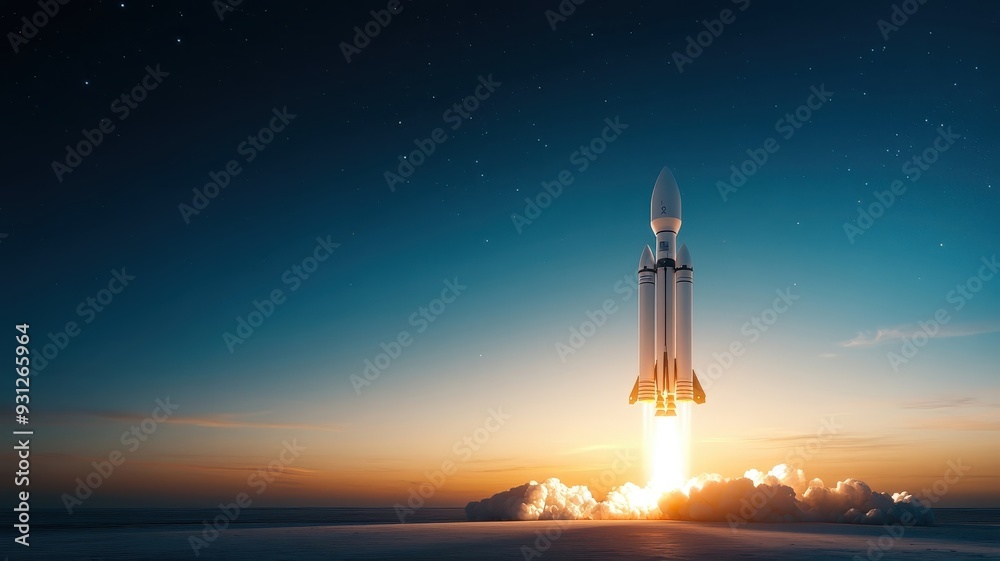 Obraz premium Space rocket silhouette against starry night sky, minimalist composition.