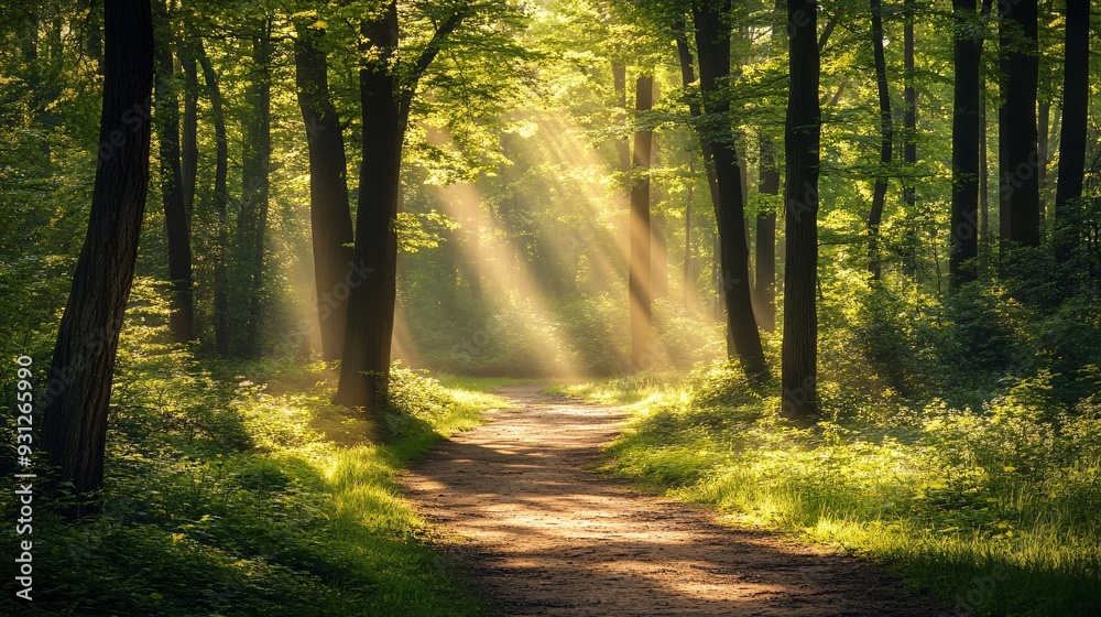 Naklejka premium A peaceful forest path with sun rays streaming through the trees highlighting the vibrant spring foliage