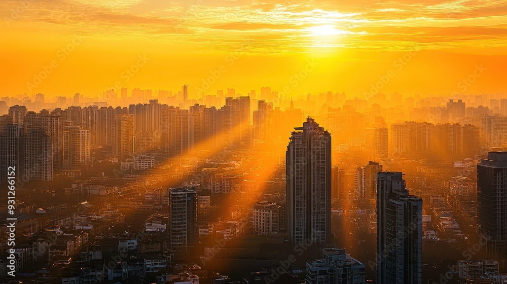 Fototapeta premium A stunning sunset over a city skyline, casting golden rays through tall buildings.