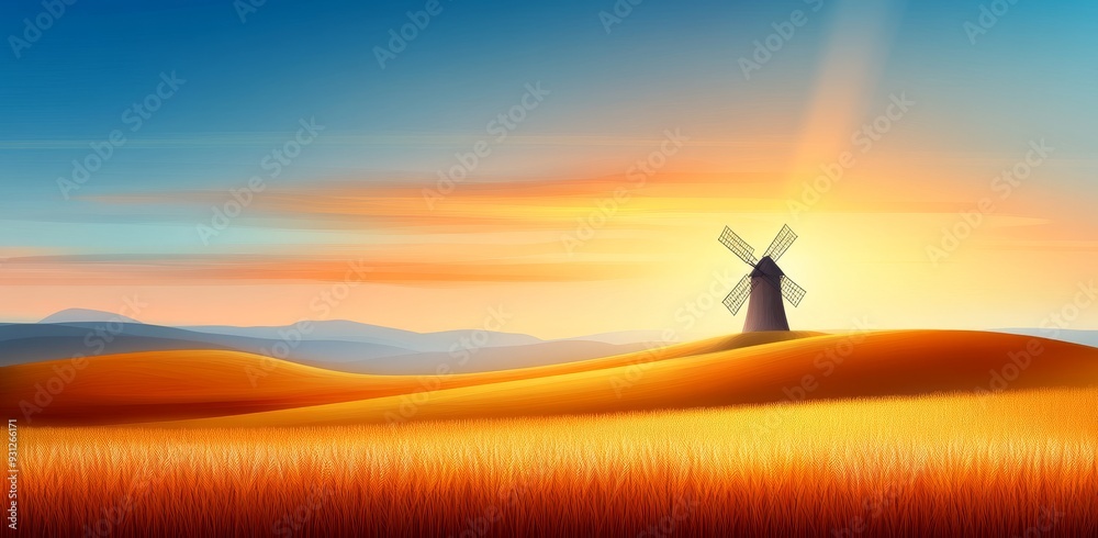 Fototapeta premium A beautiful wheat field with a windmill in the background
