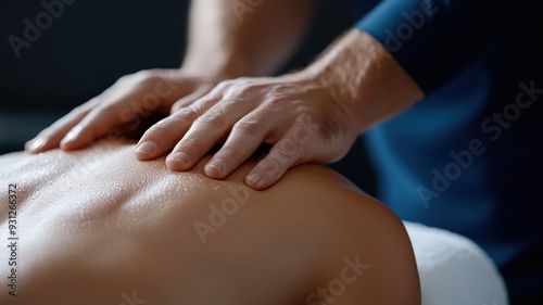 Chiaroscuro image of therapist working on athlete's back.