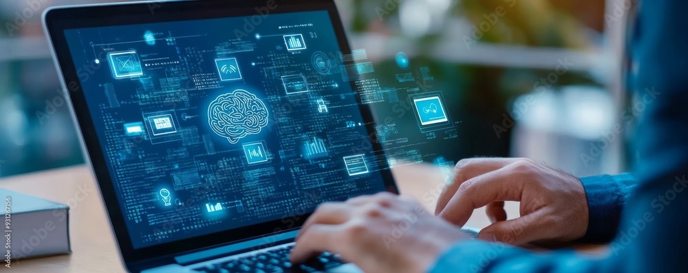 A business professional using AI technology on their laptop, with digital brain A business professional using AI technology on their laptop, with digital brain