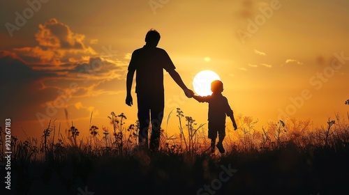 Father and son walking hand in hand into the sunset on a field. sending happy Father’s Day messages, images, or simply offering some gifts to dad