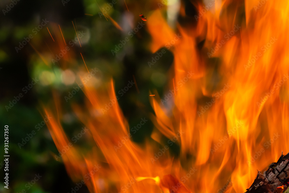 Flame of charcoal fire. Hearth for cooking and heating. Danger in forest Flame of charcoal fire. Hearth for cooking and heating. Danger in forest