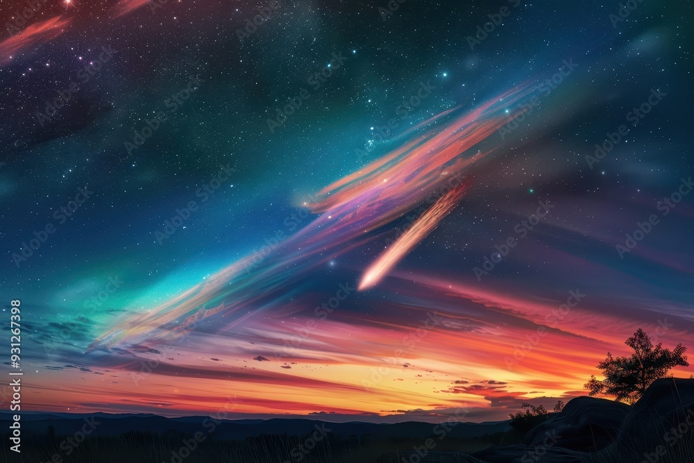 Fototapeta premium A holographic comet streaking across the sky, leaving a colorful trail.