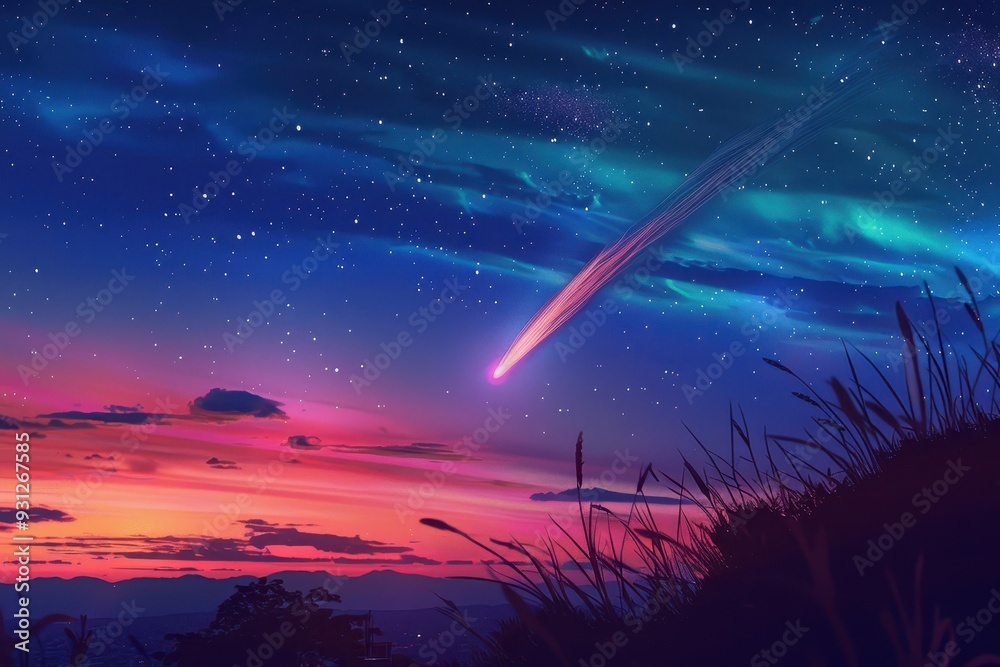 A holographic comet streaking across the sky, leaving a colorful trail.