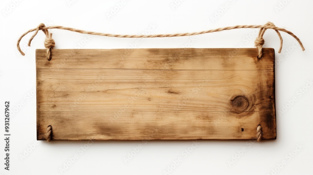 Close up of an empty wooden sign hanging on a rope on white background. Neural network ai generated art Close up of an empty wooden sign hanging on a rope on white background. Neural network ai generated art