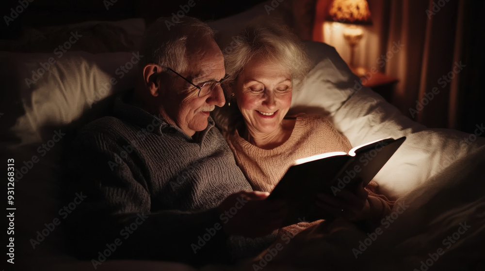 Elderly couple sitting in bed, sharing a romantic moment while reading an e-book on their Elderly couple sitting in bed, sharing a romantic moment while reading an e-book on their