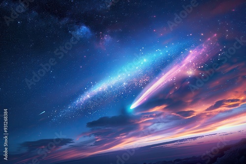 A holographic comet streaking across the sky, leaving a colorful trail.