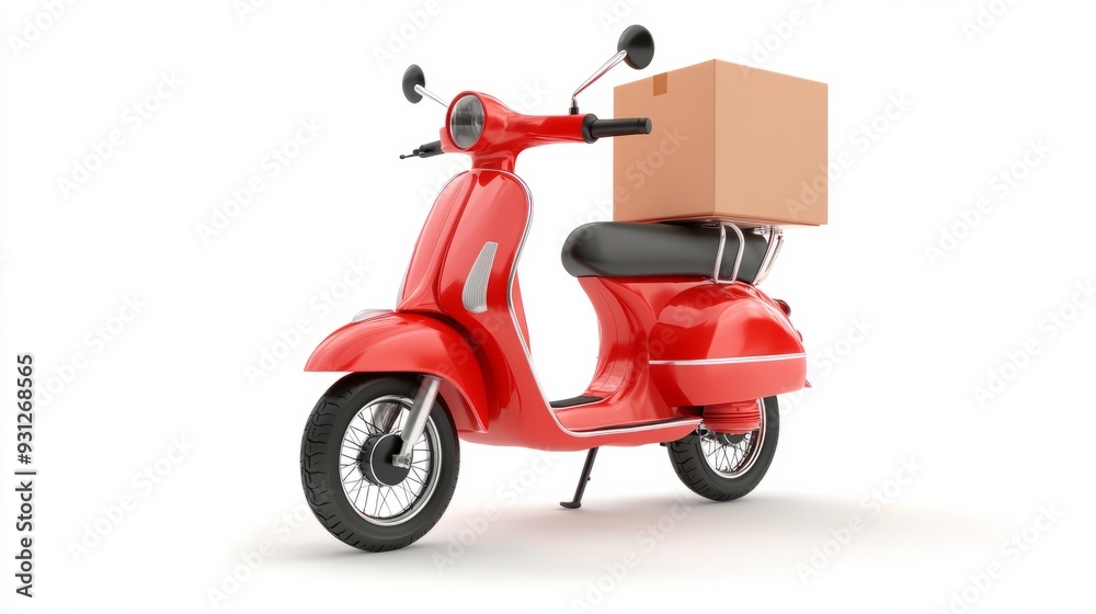 Red scooter with a box isolated on white background. Motorcycle delivery Red scooter with a box isolated on white background. Motorcycle delivery
