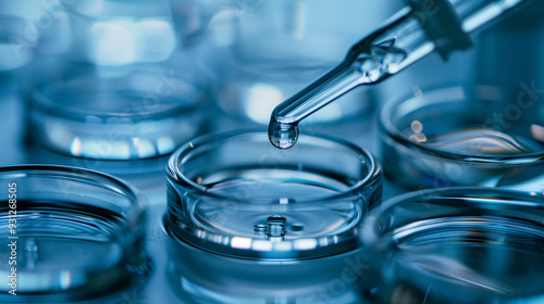 Scientific pipette dropping liquid into petri dish for laboratory research