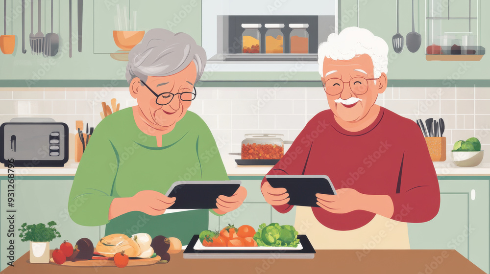 Elderly couple using a tablet to look up recipes for a special dinner they plan to cook together. --ar 16:9 --v 6.1 Job ID: ed864d04-cfad-4279-8a3a-a38bdf39767c Elderly couple using a tablet to look up recipes for a special dinner they plan to cook together. --ar 16:9 --v 6.1 Job ID: ed864d04-cfad-4279-8a3a-a38bdf39767c