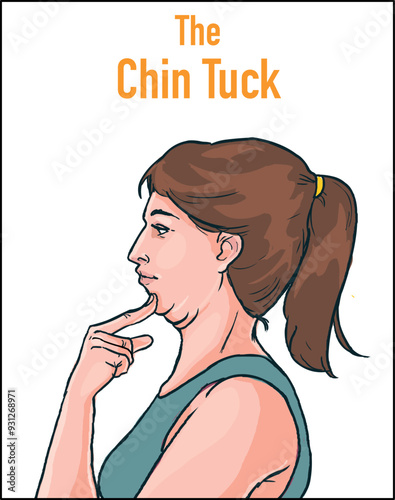 Woman Doing Chin Tuck Stretches Poses Silhouette Flat Illustration Isolated on White Background in Different Poses - Physical Therapy