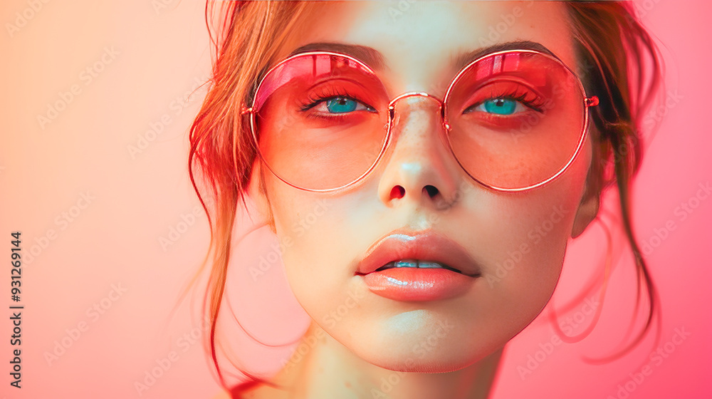 Beautiful young woman with red sunglasses is posing in a summer vibe style Beautiful young woman with red sunglasses is posing in a summer vibe style