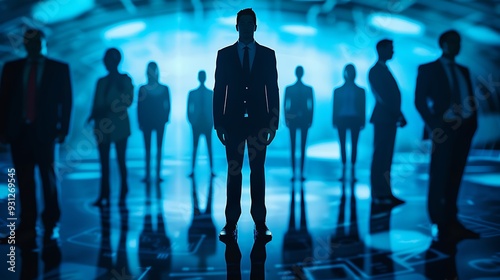 Obraz na płótnie Group of businesspeople stand in a dimly lit room, their silhouettes illuminated by a strong blue light. The image conveys a sense of professionalism and power. w salonie