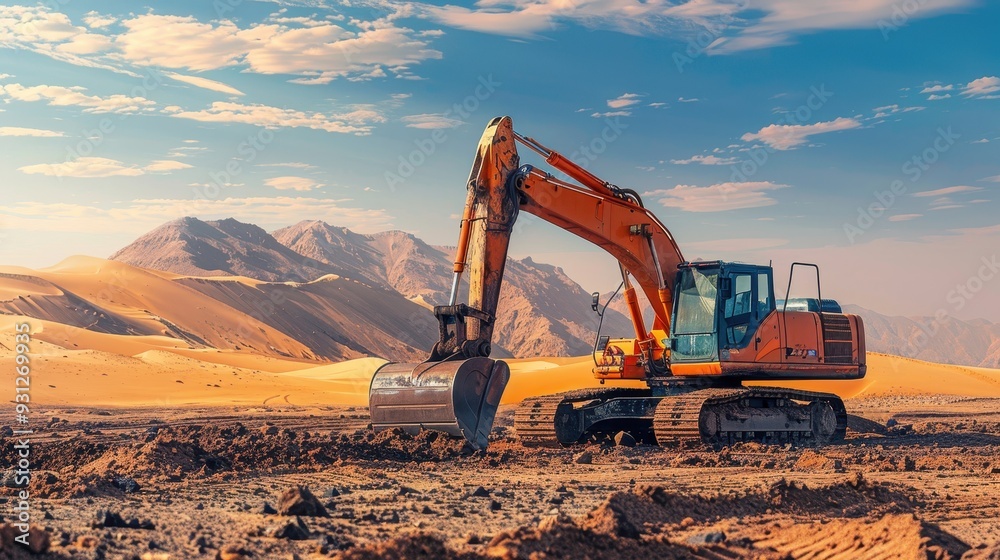 Obraz premium An excavator working in a vast desert landscape with mountains in the background, showcasing powerful construction machinery.