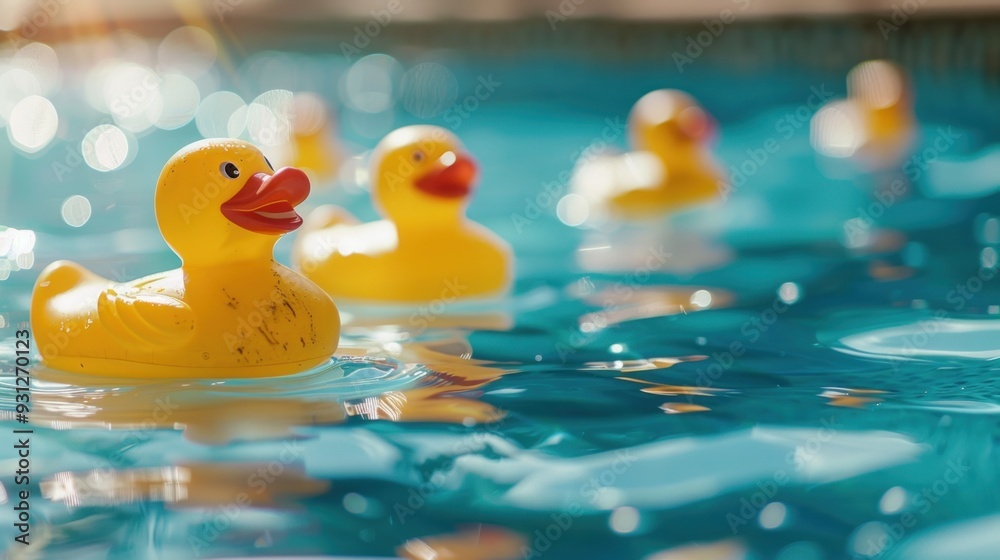 Playful Rubber Ducks Floating in a Pool