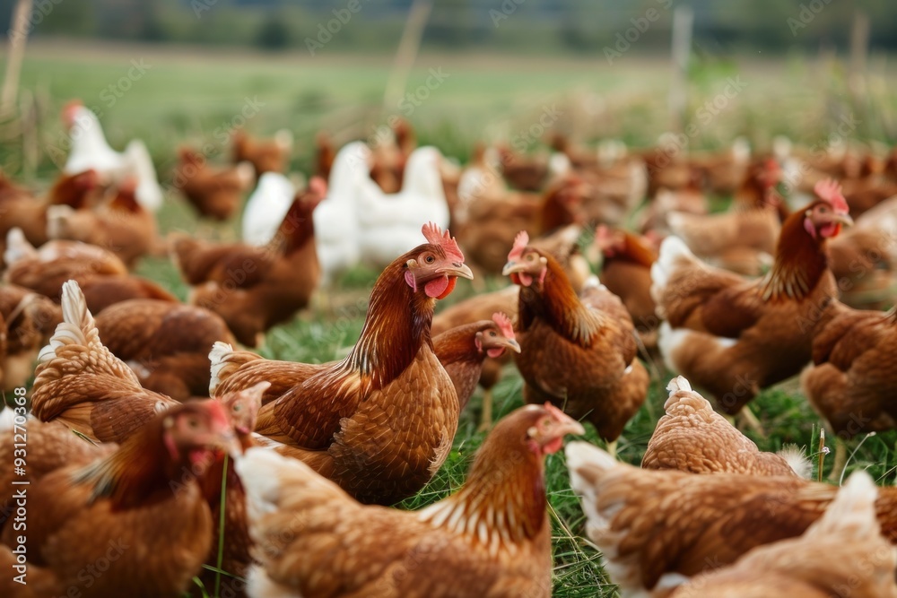 Fototapeta premium Free-range chickens in a lush green field