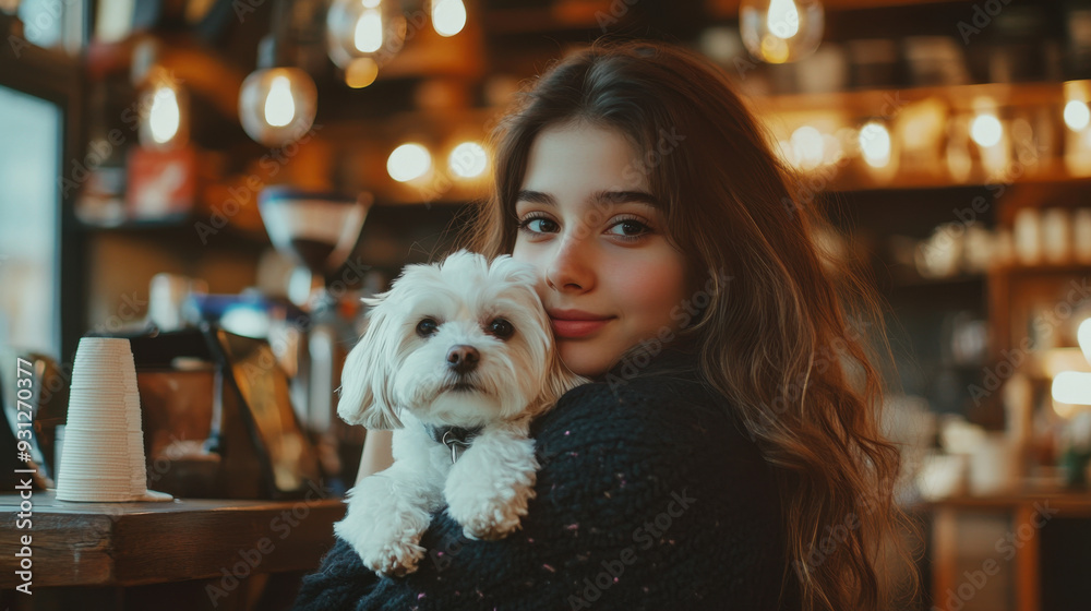Elegant young woman holding her small white dog in a trendy coffee shop, with a warm Elegant young woman holding her small white dog in a trendy coffee shop, with a warm