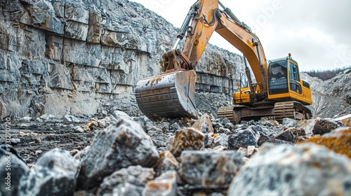 Excavator digging in a rocky quarry, showcasing heavy machinery in action surrounded by raw stone, perfect for construction themes. photo